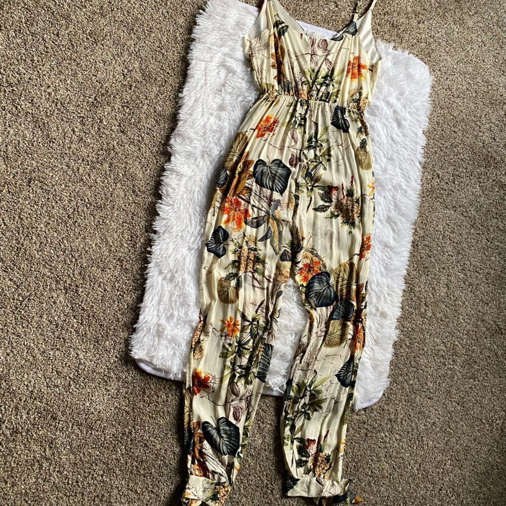 Tropical Hawaiian Floral‎ Pants Jumpsuit Slit Legs Tie Ankle Elastic Waist Thin